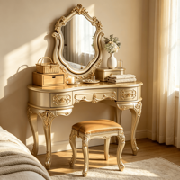 Ensemble de coiffeuse sculptée en or champagne, table de maquillage antique pour villa, chambre d'hôtes, projet hôtelier, vente en gros sur mesure
