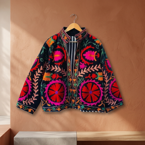 Blouson bomber en velours de coton Suzani à motifs floraux, brodé à la main, style bohème vintage, réversible, court, ethnique, automne, été, hiver - Product Image 3