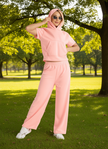 Tuta da donna rosa con cappuccio, maniche corte, vestibilità ampia, lunghezza intera, tinta unita, traspirante, casual, stile primaverile - Product Image 2