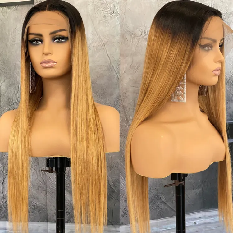 Long Straight T1b/27 Ombre Brown Blonde Human Hair 13X4 Lace Front Wigs For Black Women Brazilian Human Hair Wigs Remy Hair Wigs