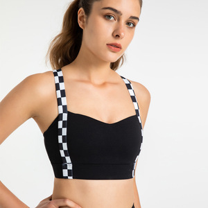 Sports Bra For Women Scoop Neck Shockproof Supportive Fitness Workout Top Black Checkered Straps - Product Image 1
