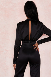 Blusa de satén negro Monos de manga larga para mujer Monos y mamelucos de una pieza recortados - Product Image 4