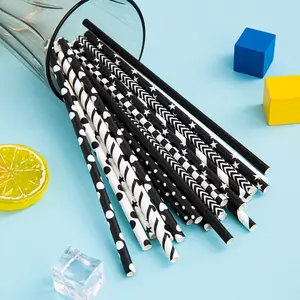 Ychon Degradable paper straws disposable black and white straws Colorful patterns straws for party supplies