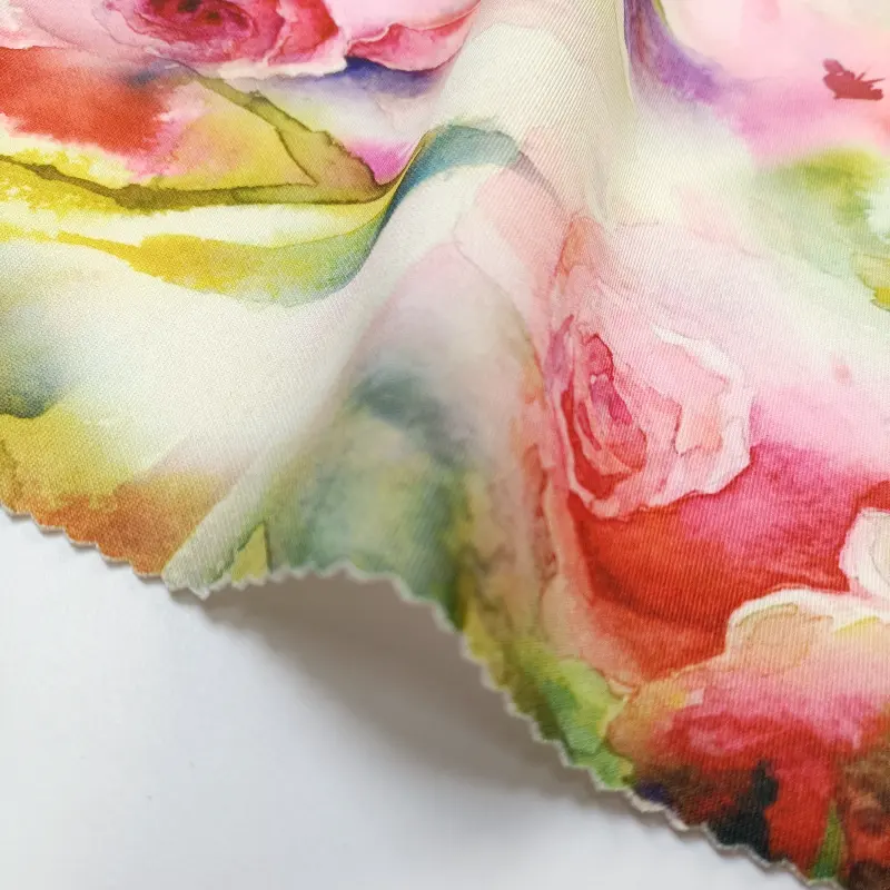 Obral besar pabrik Tiongkok lembut nyaman warna melar Digital dicetak poliester spandeks susu sutra kain untuk gaun kaus