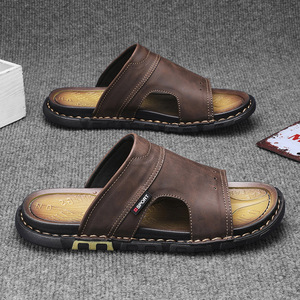 Sandales de plage contemporaines pour hommes en cuir de qualité supérieure, avec empeigne ventilée et design à sangle creuse, finement cousues, résistantes à l'abrasion - Product Image 2