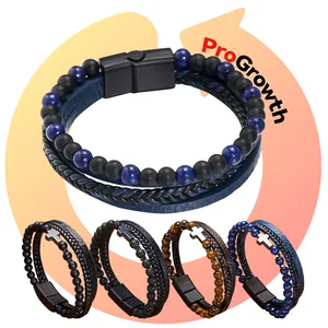 Gran oferta, pulsera Retro multicapa tejida a mano para hombre, pulsera de piedra Natural, joyería de moda con cuentas de cuero, pulsera con abalorio