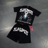 Ensemble short 2 pièces pour homme, t-shirt vintage noir surdimensionné personnalisé, lourd, délavé, avec graphisme en strass