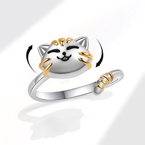 Anillo giratorio de gato adorable y moderno, anillo abierto antiestrés con diseño de gato, joyería de moda al por mayor - Product Image 1