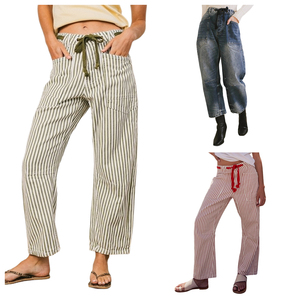 Pantalones vaqueros de mujer Channel Chic a rayas, estilo casual, con cordón, de pierna ancha, tipo herradura, hasta el tobillo, con bolsillos - Product Image 1