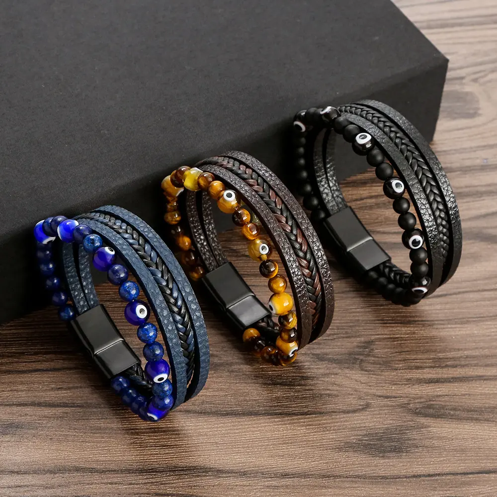 Neues Retro Bohemian Perlen Devil's Eye Armband Leder geflochtenes mehr schicht iges Armband für Herren