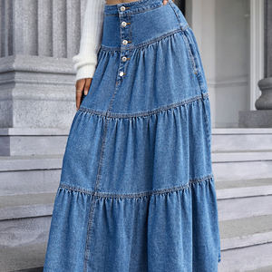 تنورة جينز طويلة من الدنيم للنساء مقاس كبير تنورة ماكسي من الدنيم من الشركة المصنعة مع دوائر - Product Image 6