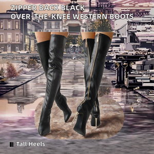 Botas Largas Estilo Western con Banda Elástica, de Microfibra Negra con Estampado Animal, Tacón de Aguja, por Encima de la Rodilla - Product Image 4