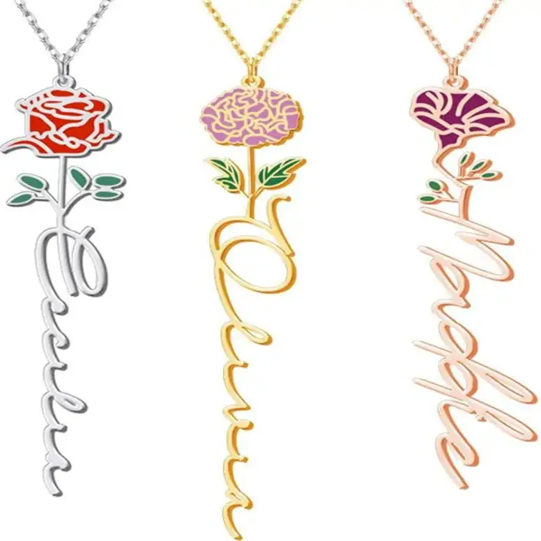 Valentijnsdag Cadeau Geboortemaand Bloemennaam Ketting Aangepaste Naam Ketting Gepersonaliseerde Verjaardag Roos Bloem Hanger Ketting