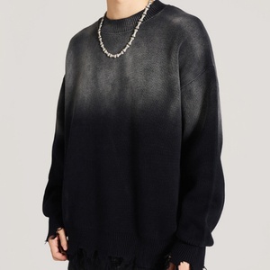 Round Neck Distressed Spring Fringe Print 100% Cotton Oversized <b>Fleece</b> <b>Sweater</b> Custom Logo Washed Men's Wholesale - Product Image 3