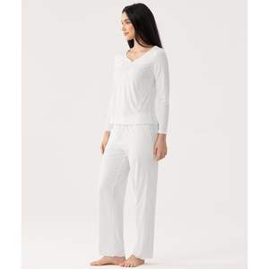 Ensemble de pyjama en viscose de bambou pour femmes, manches longues, col en V, pantalon long, vêtements de nuit doux et confortables, pyjama de qualité supérieure - Product Image 2