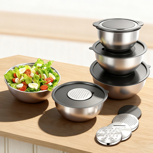 Ensemble de bols mélangeurs modernes en acier inoxydable poli de 1 à 5 QT, multi-tailles, écologiques, avec couvercles hermétiques, compatibles lave-vaisselle, pour la cuisine et la pâtisserie, pour fruits - Product Image 2