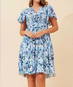 Vestido Mini Azul con Estampado Floral para Mujer, con Cuello en V, Mangas con Volantes y Cintura Fruncida, para un Look Casual Diario - Product Image 4