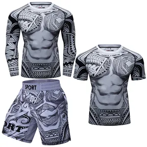 Ensemble T-shirt + pantalon personnalisé Bjj Kickboxing MMA Shorts de Muay Thai Rashguard pour hommes Vêtements de compression MMA imprimés en 3D pour la boxe