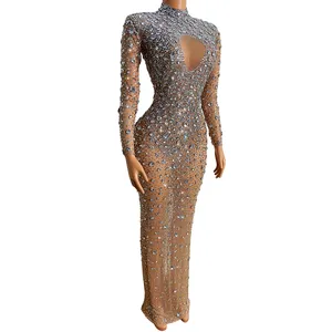 Женское прозрачное длинное платье со стразами, праздничное ажурное платье большого размера с длинным рукавом, вечернее платье для выпускного вечера
