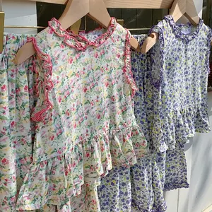 Wholesale Baby Girl 2024 Summer Ruffle Flying Sleeve Cute Floral Printed Shirt Top+Skirt Dress 2pcs Set Kids Cotton Cute Clothes