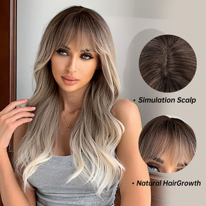 Pelucas Sintéticas Largas y Onduladas con Flequillo, Color Rubio Degradado a Marrón, Precio de Fábrica al por Mayor para Mujeres, Cabello Postizo Natural Resistente al Calor - Product Image 5