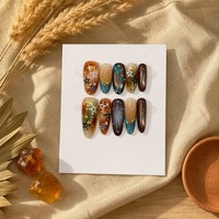 Faux Ongles à Presser 10 Pièces Longs Amande Effet Œil de Chat Ambre Ombré Brillant Faits Main 3D Floral Nail Art Réutilisables pour Femmes