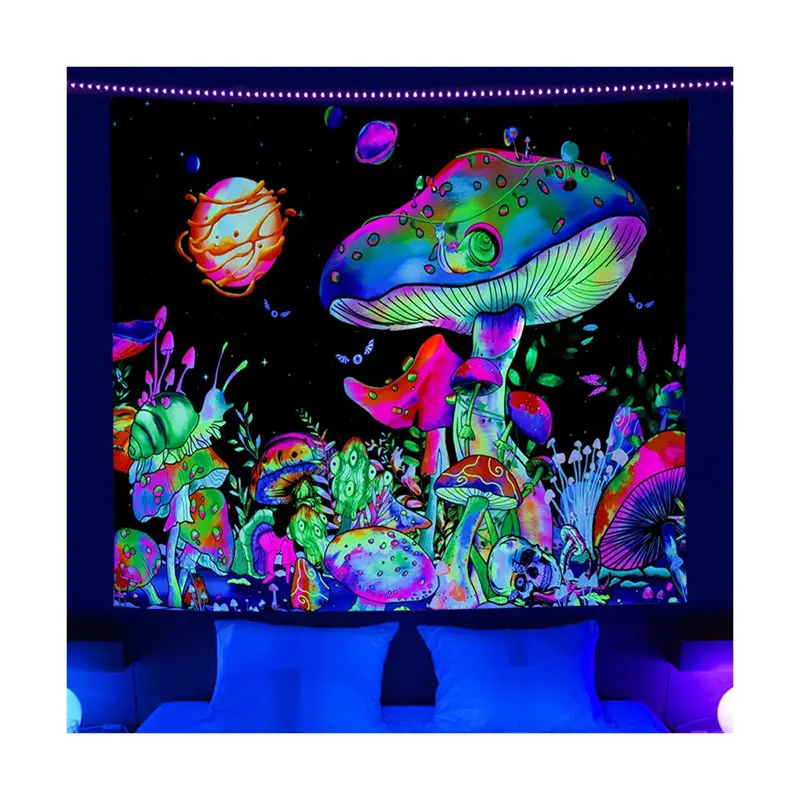Nessuna stampa personalizzata moq si illumina sotto la luce UV con decorazioni psichedeliche per la casa notte arazzo luminoso appeso a parete fluorescente arazzo UV