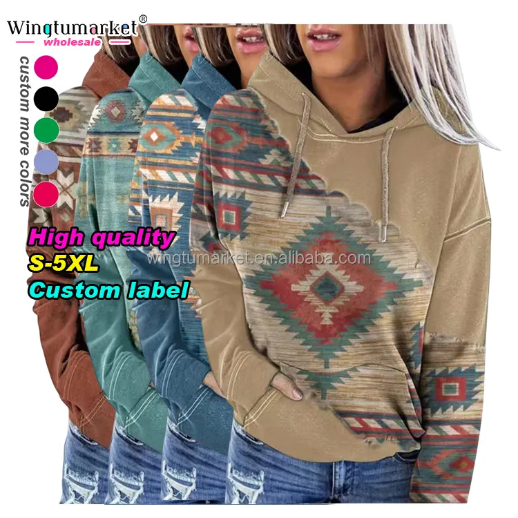 Wholesale printing hoodies pullover streetwear aztec hooded long sleeve ladies adult drop shoulder sweatshirts hoodie