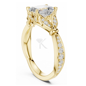 Anillo de compromiso con corte esmeralda en oro amarillo, diseño de hoja inspirado en la naturaleza, anillo de diamantes estilo vintage con tallo dividido, anillo de promesa elegante - Product Image 2