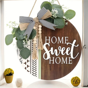 1 pezzo di benvenuto rotondo per la porta d'ingresso ghirlanda decorazione del portico in legno casa dolce casa bohémien all'aperto segno corona di foglie artificiali - Product Image 2