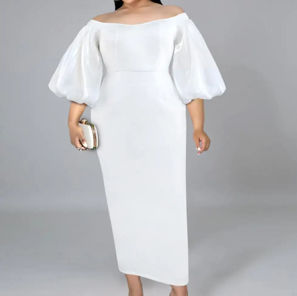 2024 Neues schulterfreies kurzes Lanternärmel Büro Dame Bodycon-Kleid Afrika weiß sexy Abendparty Maxi langes Kleid