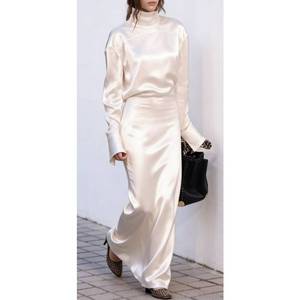 Elegante Abito <span class=keywords><strong>Nero</strong></span> in Raso su Misura a Trapezio da Donna, a <span class=keywords><strong>Maniche</strong></span> <span class=keywords><strong>Lunghe</strong></span>, con <span class=keywords><strong>Schiena</strong></span> Aperta e Fiocco, Collo Alto, Stile Impero, Casual per Primavera Autunno - Product Image 2