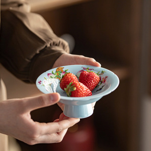 Plato de cerámica retro chino para repostería, plato de frutas con patas altas, redondo, de porcelana, para el hogar, fiestas, sala de estar - Product Image 3