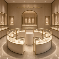 Vitrine de présentation de bijoux modulaire ronde personnalisée avec bordure dorée et vitrine incurvée en verre pour bijouterie