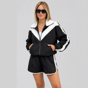 <b>Women</b>’s Color Block Windbreaker Tracksuit Set Zip Up Sports <b>Jacket</b> with Drawstring Shorts Casual Athletic 2 Piece <b>Womens</b> Outfit - Product Image 1