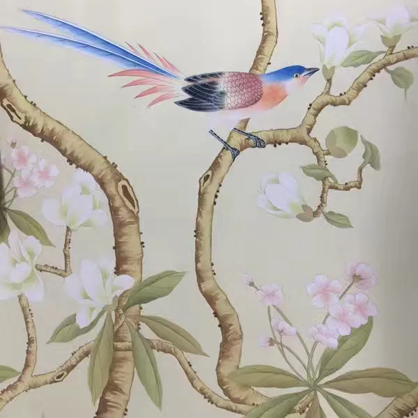 Zhenling فاخر Chinoiserie مرسومة يدويًا Su تطريز زهور طيور تصميم ورق حائط حريري لتزيين جدران الفندق