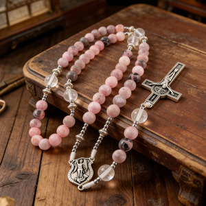 Collier Chapelet Catholique Vintage en Pierres Naturelles avec Crucifix Croix de Jésus Bijoux de Prière pour Femme Vente en Gros - Product Image 1