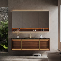 Meuble-lavabo flottant vintage de luxe pour salle de bain, meuble-lavabo en bois massif et marbre avec miroir LED