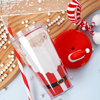 Gobelet en plastique à double paroi pour Noël avec couvercle et paille, motif Père Noël, renne, renard, et écharpe tricotée, vente en gros