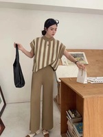 Ensemble Décontracté d'Été Deux Pièces Grande Taille Femme, Tricot Lâche Régulier Rayé Respirant en Polyester Gaufré, Pull et Pantalon Large
