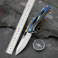 Cuchillo Plegable de Acero D2 Premium con Hoja Esqueletizada y Mango de Acero Inoxidable, Bicolor Azul y Dorado, 230mm 242g, DIY OEM, Punta de Gota