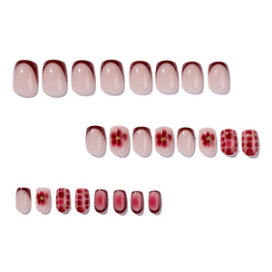 Uñas Postizas Cortas Cuadradas con Punta Francesa Roja, Diseño de Flor y Cocodrilo, Reutilizables, para Mujer - Product Image 4