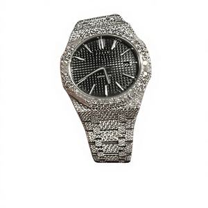 Montre en diamant pour adulte unisexe, cadran en verre noir, grande taille, ronde, bracelet en acier inoxydable argenté, moissanite - Product Image 1