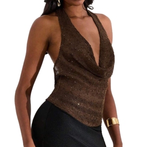 Shiny Deep V Solid Colour Vest Fashion Sexy See Through Swing Neck Halter <b>Top</b> for Women Fashion - Product Image 1