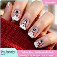 Faux ongles de Noël à presser, 24 pièces, carrés, prêts à poser, motif bonhomme de neige 3D, manucure française blanche