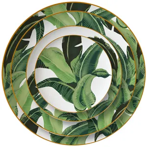 圆形漂亮绿色芭蕉叶瓷餐具餐盘餐盘套装