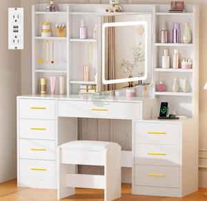 Table de toilette blanche <span class=keywords><strong>avec</strong></span> <span class=keywords><strong>miroir</strong></span> sur plateau en verre, éclairage LED, 8 tiroirs, 7 étagères ouvertes, 12 crochets, prises électriques, tabouret de chevet - Product Image 2