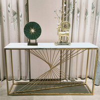 Table console de luxe moderne, base en acier inoxydable doré, plateau en marbre, table de salon, villa, hôtel, entrée, table de couloir, meubles