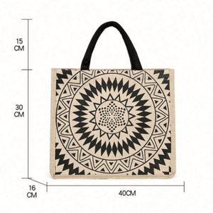 Bolso de Hombro de Yute de Gran Capacidad Estilo Bohemio, Bolso de Compras Geométrico Retro, Bolso de Playa de Cáñamo para Mujer - Product Image 2