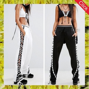 Pantalon de jogging décontracté et ample pour femmes, avec lacets latéraux, noir et blanc, avec chevilles élastiques - Product Image 6